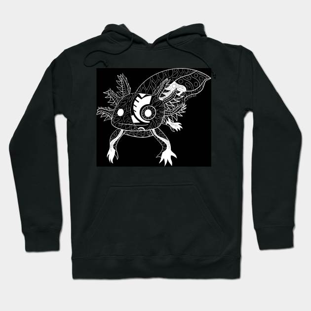 axolotl in black magical glitch in ecopop pattern mandala Hoodie by jorge_lebeau